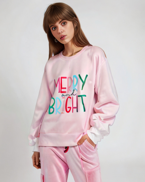 Merry & Bright Christmas Pink Velour Sweatshirt